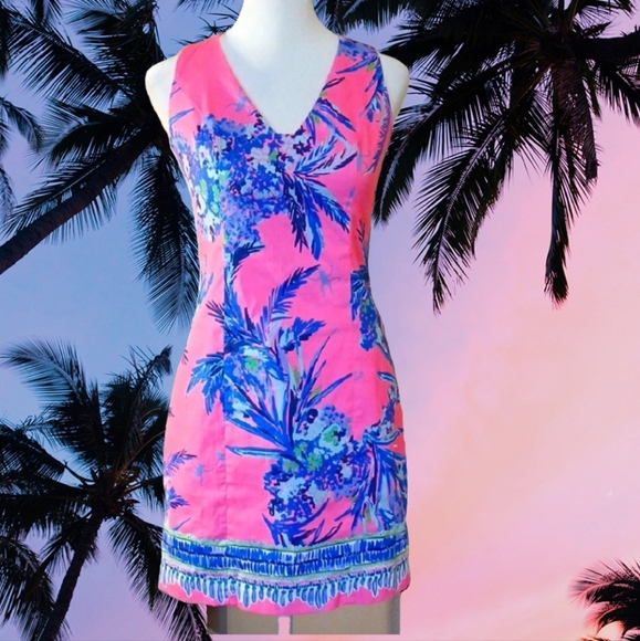 Lilly Pulitzer Dresses & Skirts - Lilly Pulitzer Pink & Blue Tropical Palm Floral Pattern Sheath Dress Size 00
